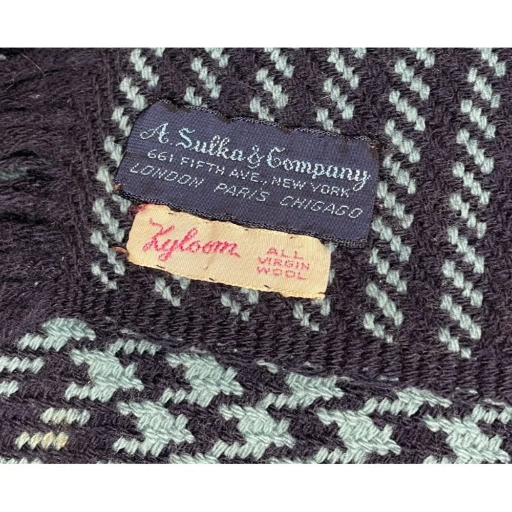 Vintage A Sulka Scarf Navy Blue Virgin Wool Houndstooth Check Kyloom 15x54